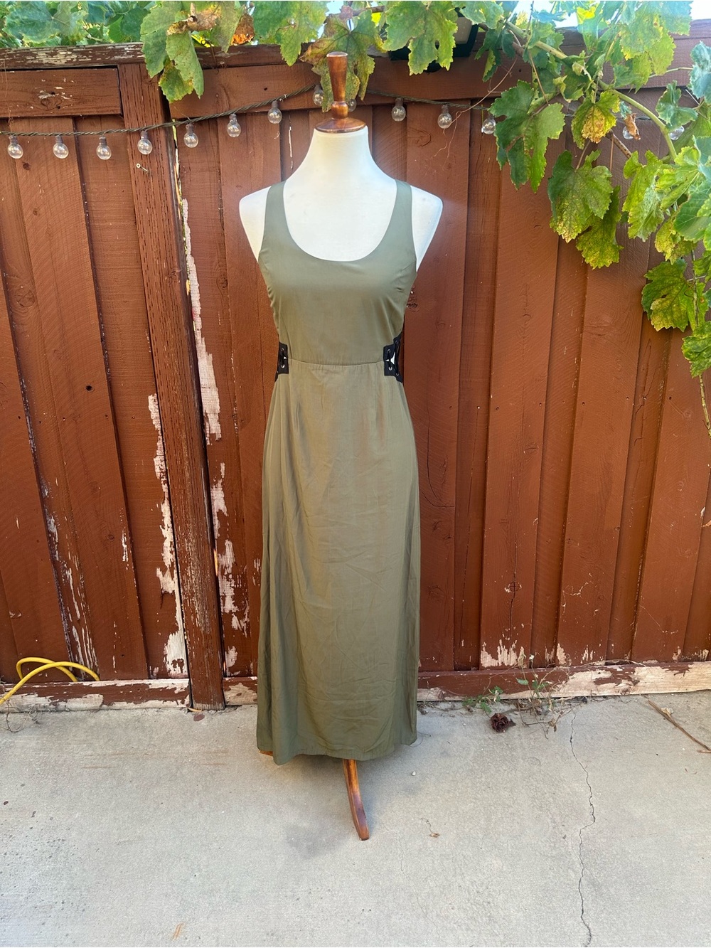 Sleeveless Olive Maxi Dress with Side Buckle Detailing